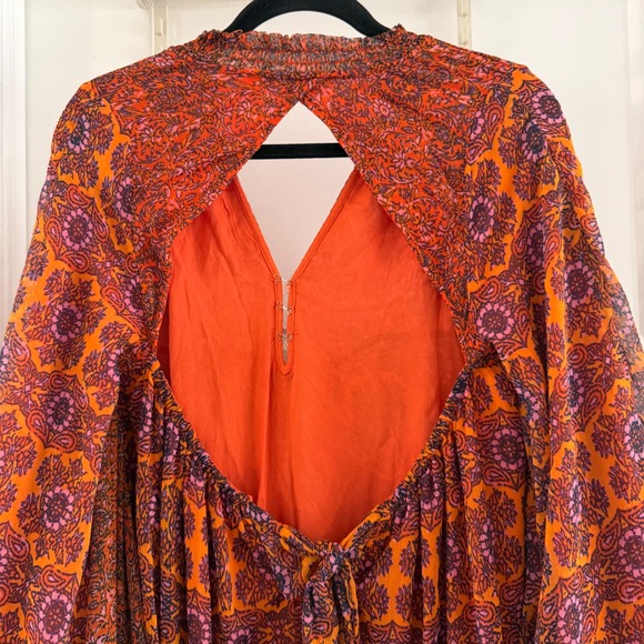 Free People Gabi Printed Tunic Top Orange Purple Open Back XS Boho Belle sleeve - Picture 5 of 8